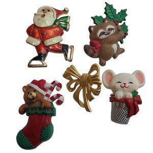 Vintage Hallmark Christmas Enamel & Gold-Tone Pins Set Of 5 1980s Retro